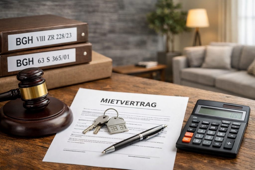 Mietvertrag mit Schlüssel, Taschenrechner und Richterhammer – Symbolbild für Abschlagszahlung, Untervermietung und Mietrecht