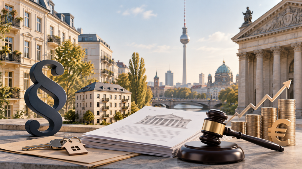 Berliner Wohnhäuser mit Paragraphenzeichen, Gerichtshammer und steigenden Mietkosten als Symbol für Mietpreisüberhöhung nach § 5 WiStG