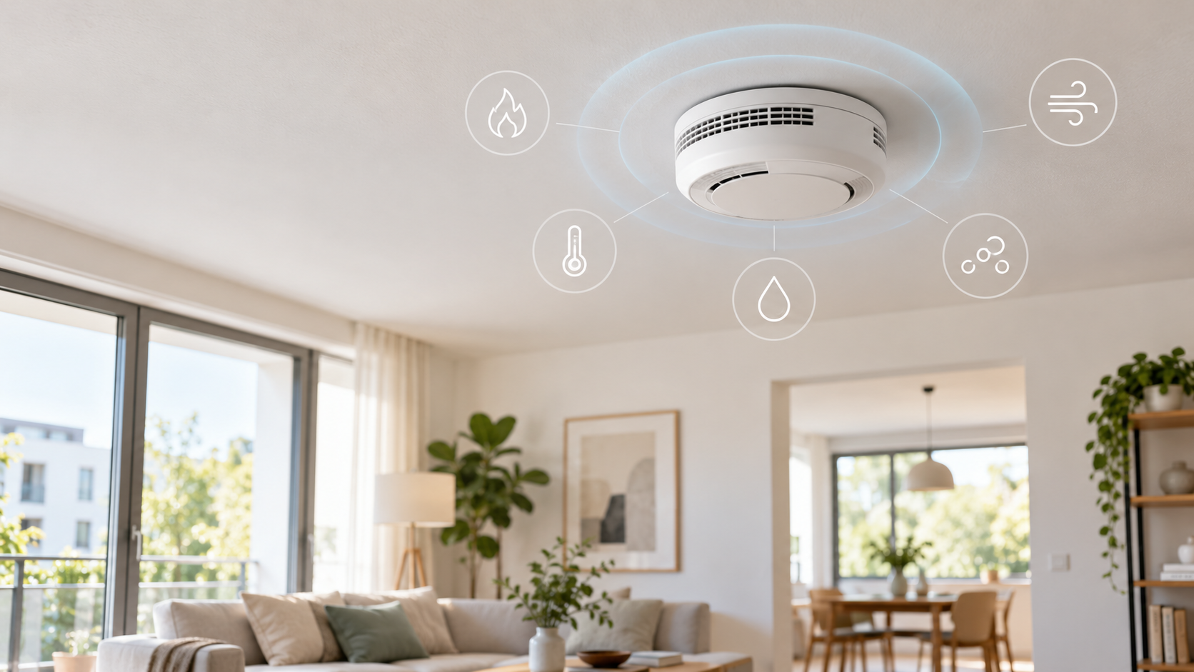 Symbolbild eines Multisensor-Rauchwarnmelders an der Decke eines hellen Wohnzimmers mit Symbolen für Messfunktionen